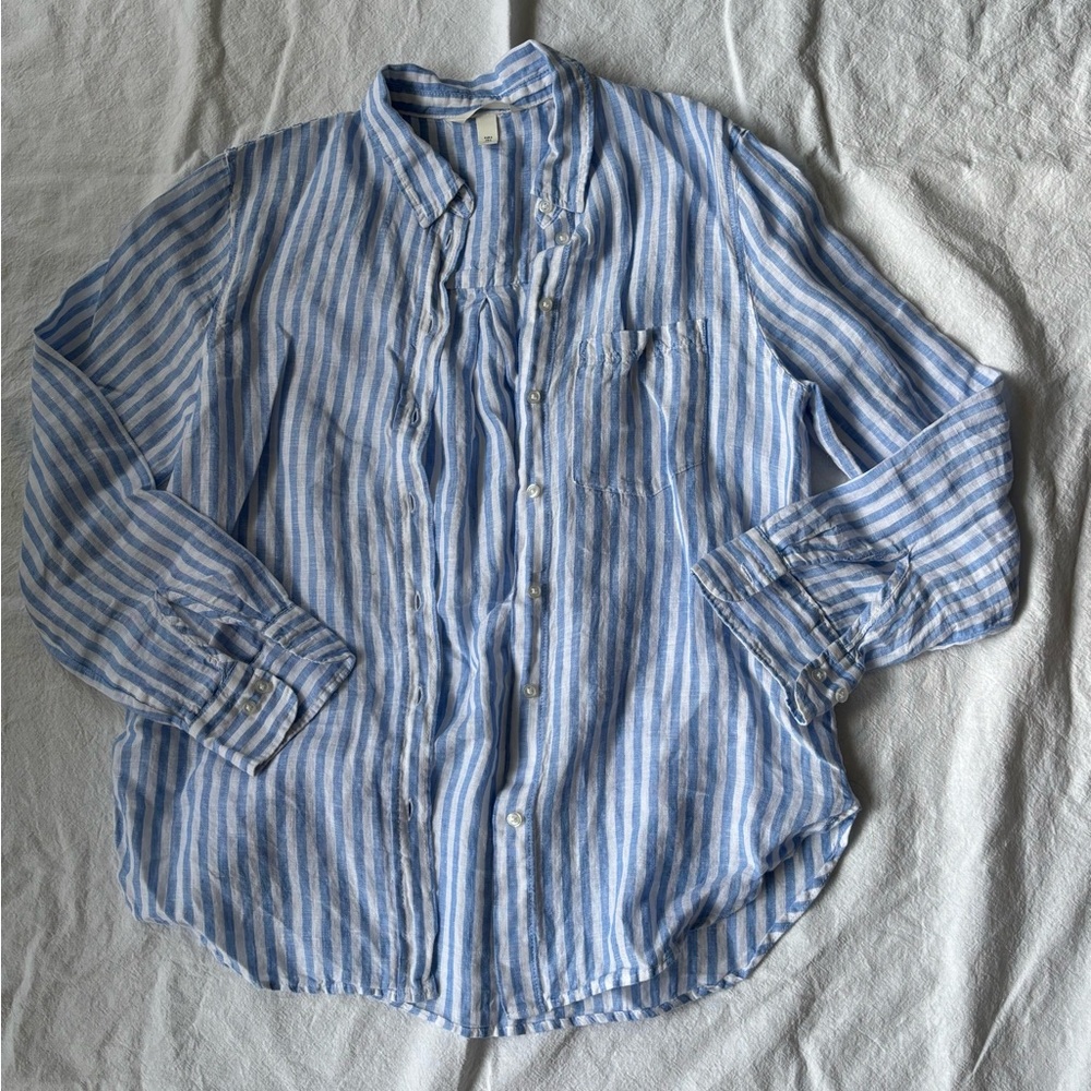 H&M Linen Blue and White Striped Button Down Shirt